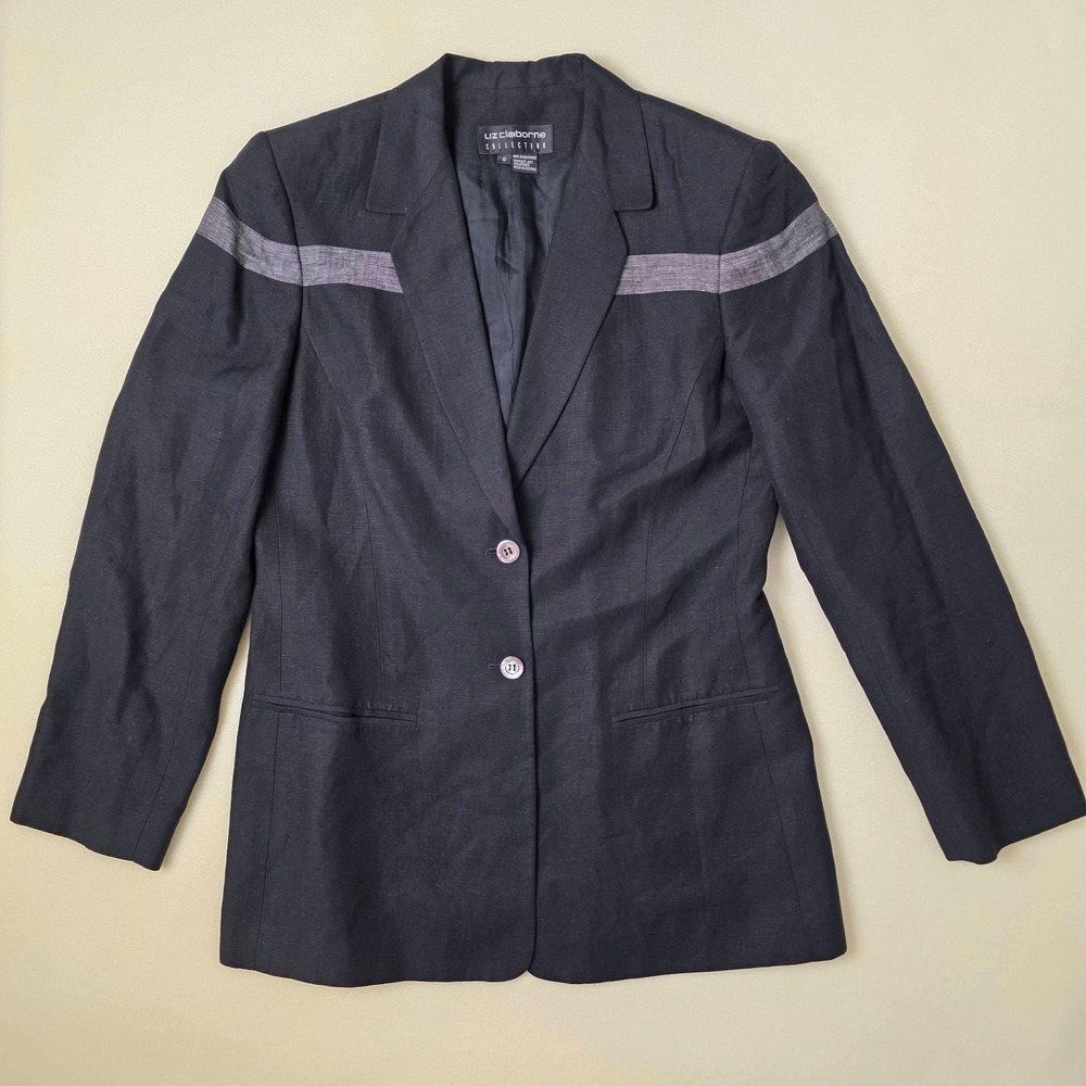Liz Claiborne Collection Women's Blazer Size 8 Black Linen Rayon‎ Stripe Accent